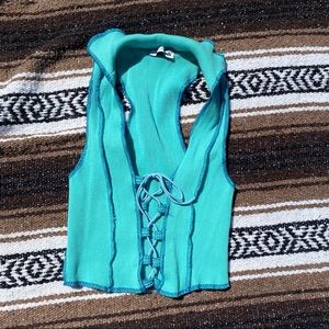 FASHIONNOVA Teal Patchwork Tie Crop